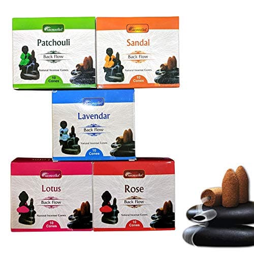 Aromatika Natural Backflow Incense Cones, 5 Packs 5 Fragrances 50 Pcs, (Sandal, Lavender, Patchouli, Rose, Lotus) | Pack 'B'