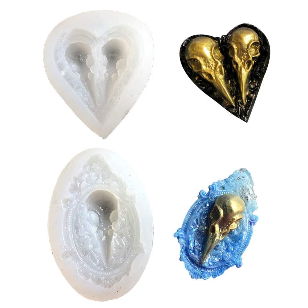ResinPro 2PcsSet Raven Skull Silicone Resin Molds Crow Bird Skeleton Head Epoxy Casting Mold for Halloween Jewelry Making DIY Craft Tools