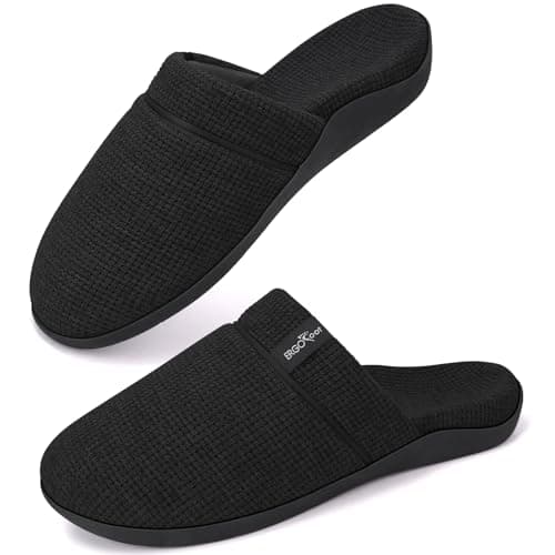 ERGOfoot Orthopedic Slippers for Women, Slip-On Style Summer Slipper with Arch Support, Cozy Comfy Scuff House Shoes for indoor and outdoor with Non-Slip Rubber Sole/Black W9