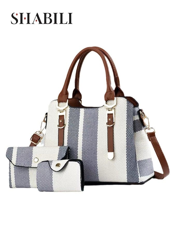 Women PU Shoulder Bag Crossbody Bag Tote Bags Sling Bag, Ladies Large-Capacity Multi-Pocket Striped 3-Piece Handbag Set with Adjustable Strap for Teenager Youth Daily Casual Party Travel