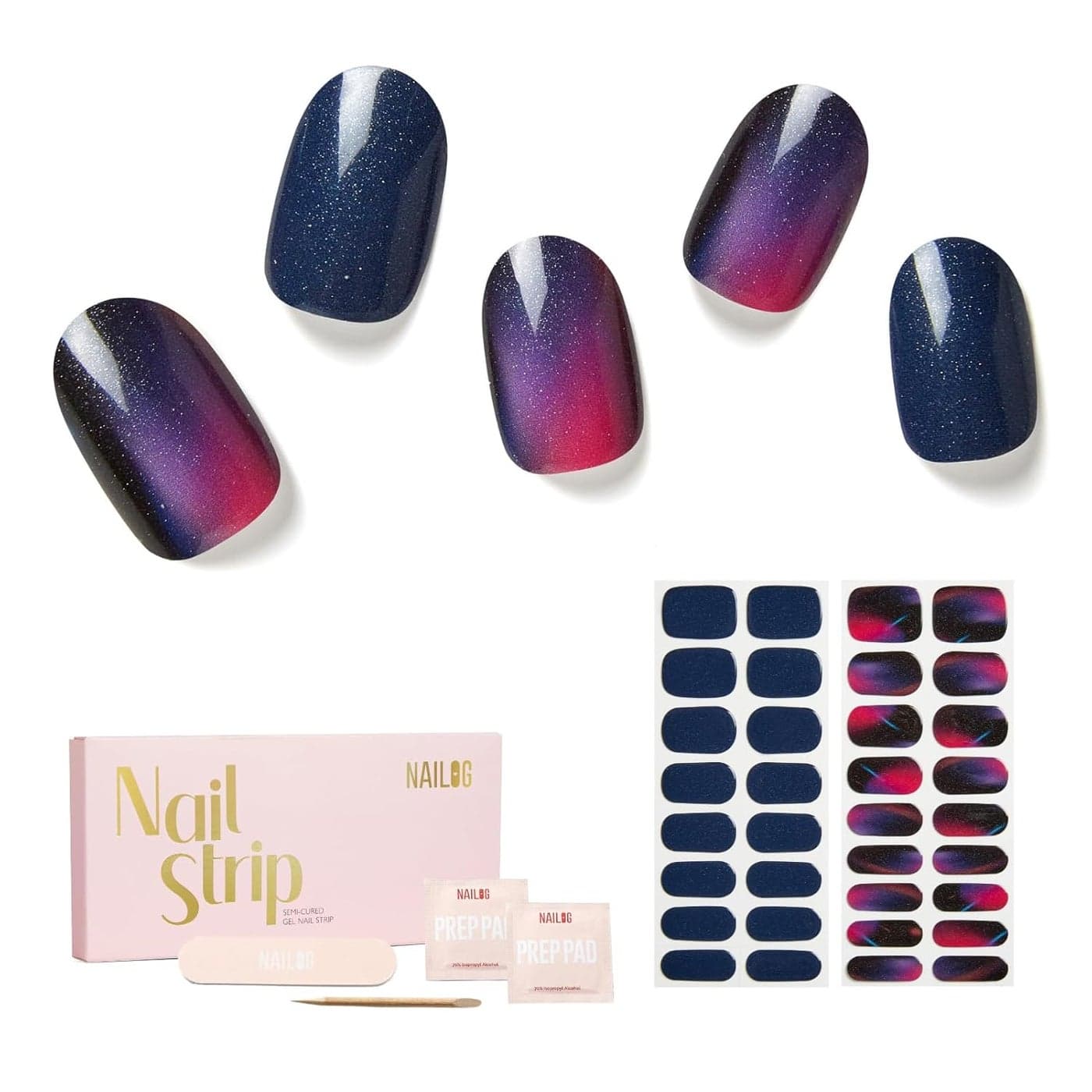 Semi Cured Gel Nail Strips - NAILOG 34 Pcs Gel Nail Stickers Buy 2 Get 1 UV Light | Long Lasting Nail Wraps with Glossy Gel Finish Purple, Neon Nocturne