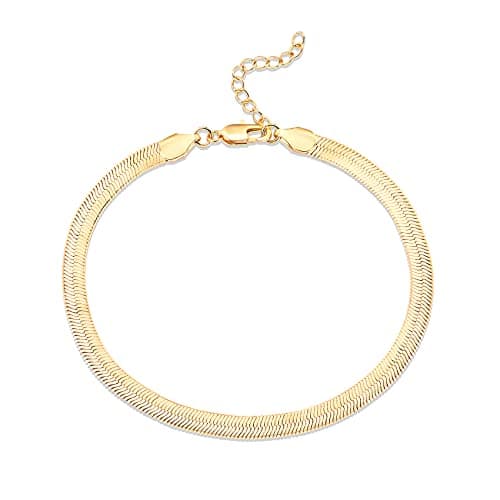 PAVOI 14K Gold Plated Snake and Marina Link Flat Anklet for Women (Snake-L, Yellow Gold Plated)
