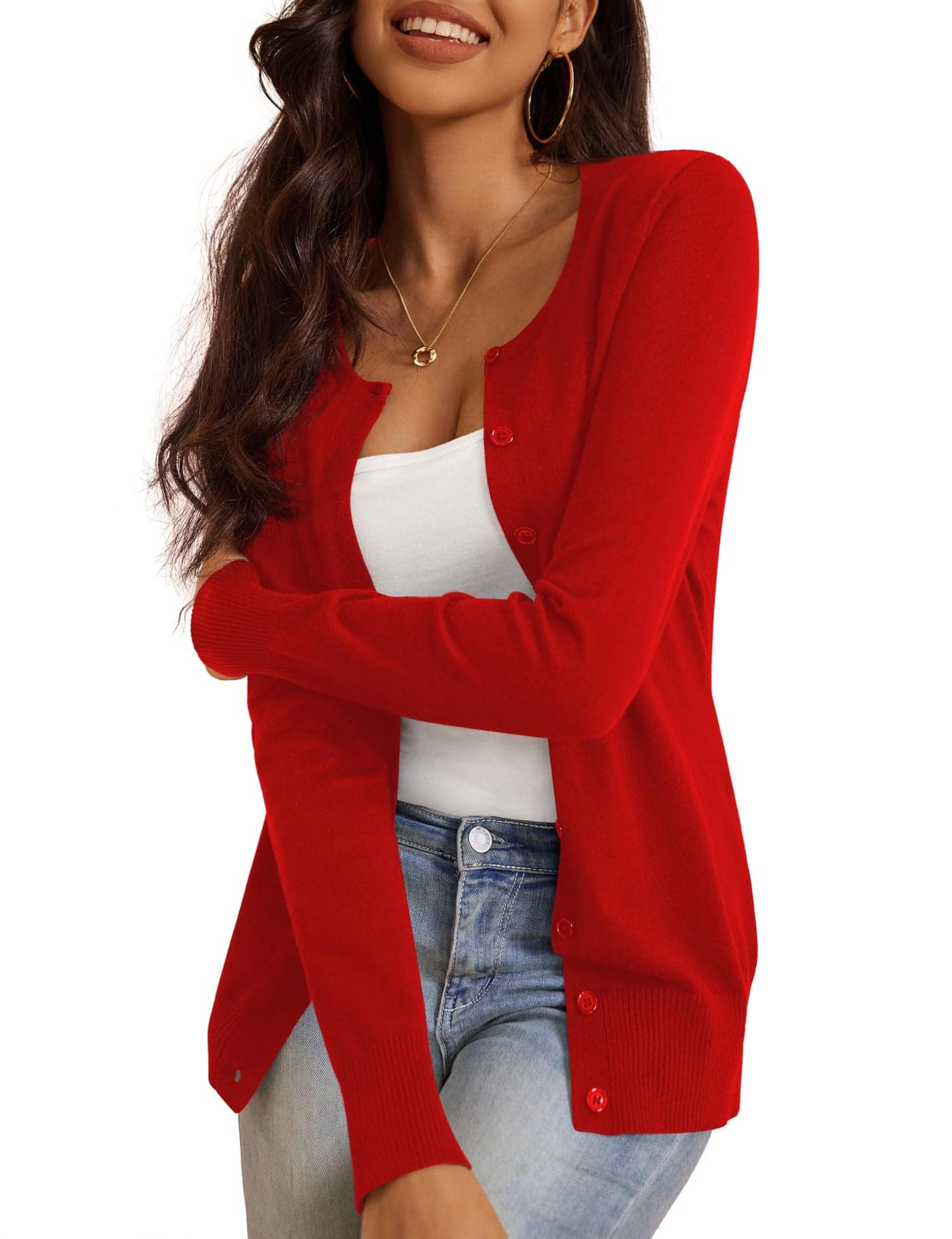 a.Jesdani Long Sleeve Crew Neck Button Down Soft Womens Sweater Red L