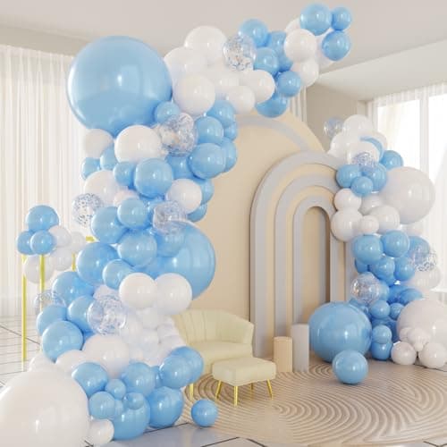 Blue White Balloons Arch Kit 124pcs Blue and White Confetti Balloons with 16ft Tape Strip Dot Glue for Birthday Baby Shower Wedding Party Decorations