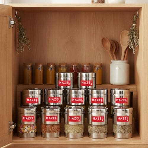 HAZEL Stainless Steel Mukhwas Container | See Through Small Containers for Kitchen Storage Set | Transparent Airtight Jars Set of 12 Pc, 300 ML