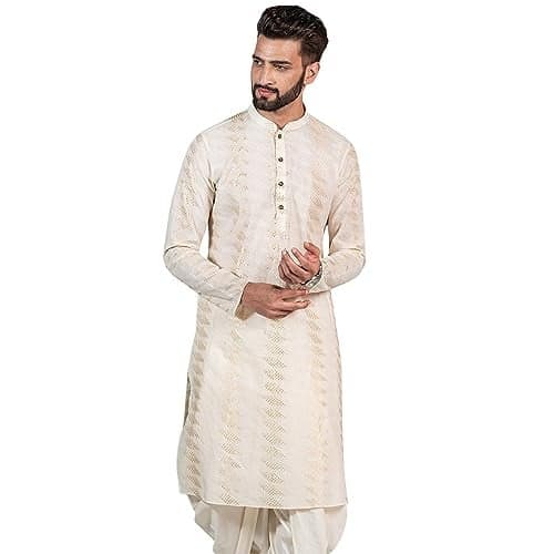 KISAH Mens Printed Cotton Blend Kurta – Traditional Ethnic Wear Kurta for Men for Weddings & Festivals Pearl White