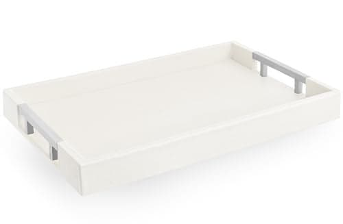 Modern Elegant 175x12 White Rectangle Shagreen Faux Leather Decorative Tray Ottoman Coffee Table Perfume Living Room Kitchen Serving Tray with Silver Metal Handles for All Occasions