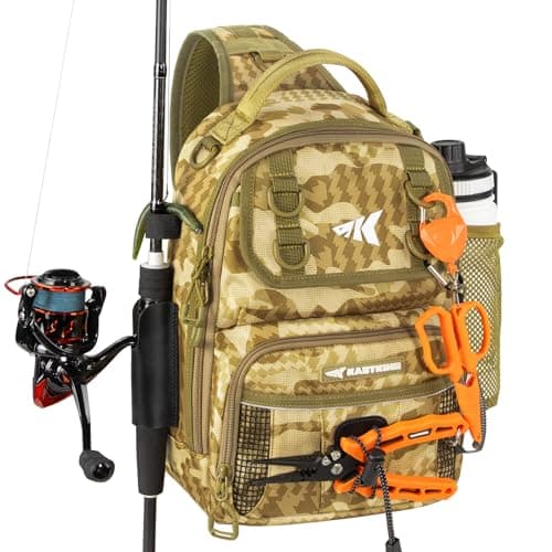 KastKing BaitSpace Standard Fishing Tackle Sling Bag Waterresistant Sling Pack for Bank Wader Boat Fishing Rod Beverage Holder Adjustable Straps Durable 420D Nylon Fabric