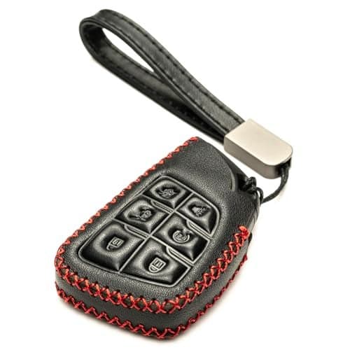 Vitodeco Genuine Leather Smart Key Fob Case Compatible with GMC Canyon, Sierra, Yukon, Acadia, Terrain (2021 - 2026 Models) - 6 Buttons, Black/Red