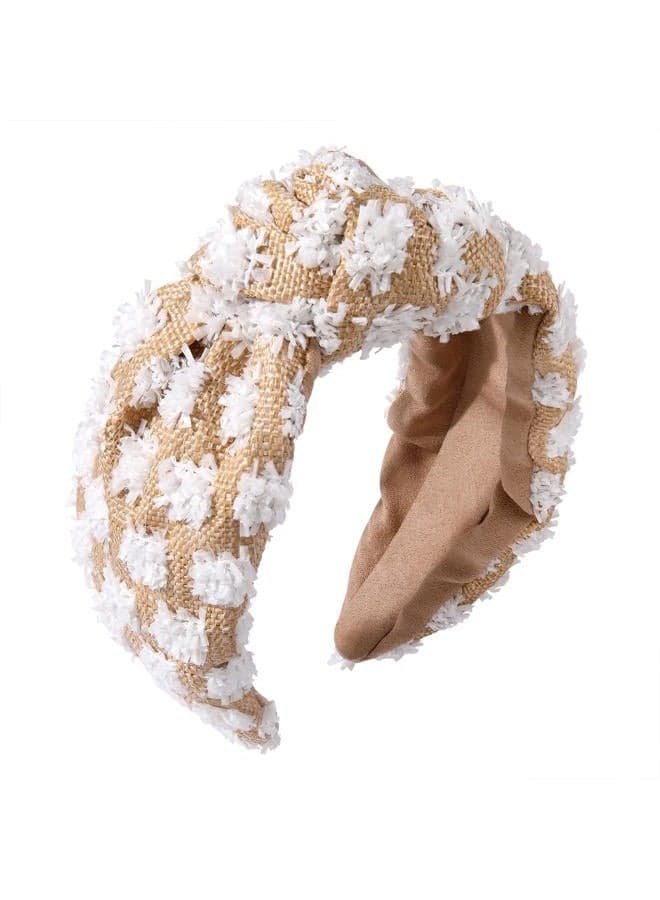 Raffia Knotted Headbands for Women Boho Straw Wide Top Knot Hairband Statement Rattan Woven Pom Pom Hair Hoop Summer Beach Holiday Party Hair Accessories for Girls Ladies Gifts