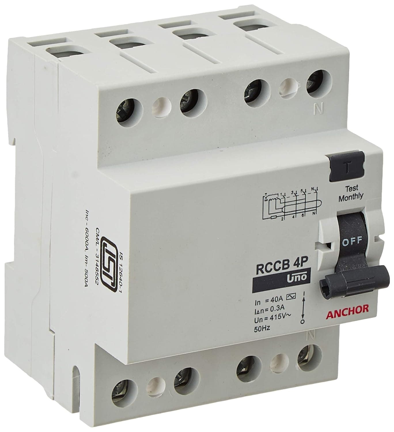 Anchor by Panasonic UNO Series RCCB 40 AMP 300mA Four Pole Residual Current Circuit Breaker White 982212