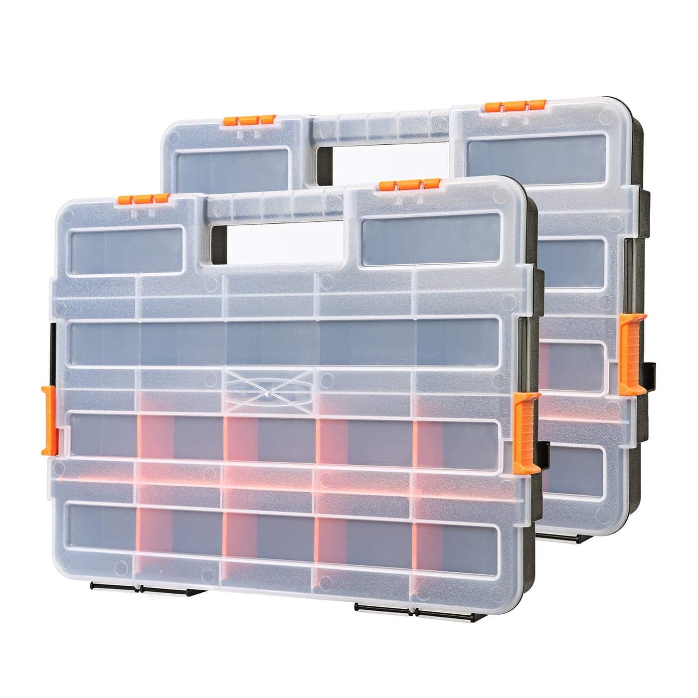 Makitoyo Tool Box Organizers Interlocking Black Small Parts Organizer for Fasteners Parts and Crafts wRemovable Dividers 2 Pieces Pack Black Orange15L116W26H
