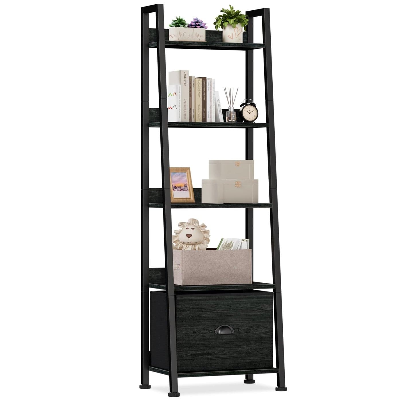 Furologee 5Tier Ladder Shelf Narrow Ladder Bookshelf with Drawer 556Tall Industrial Bookcase Storage Rack Organizer Freestanding Storage Shelve for Living Room Home Office Bedroom Black Oak