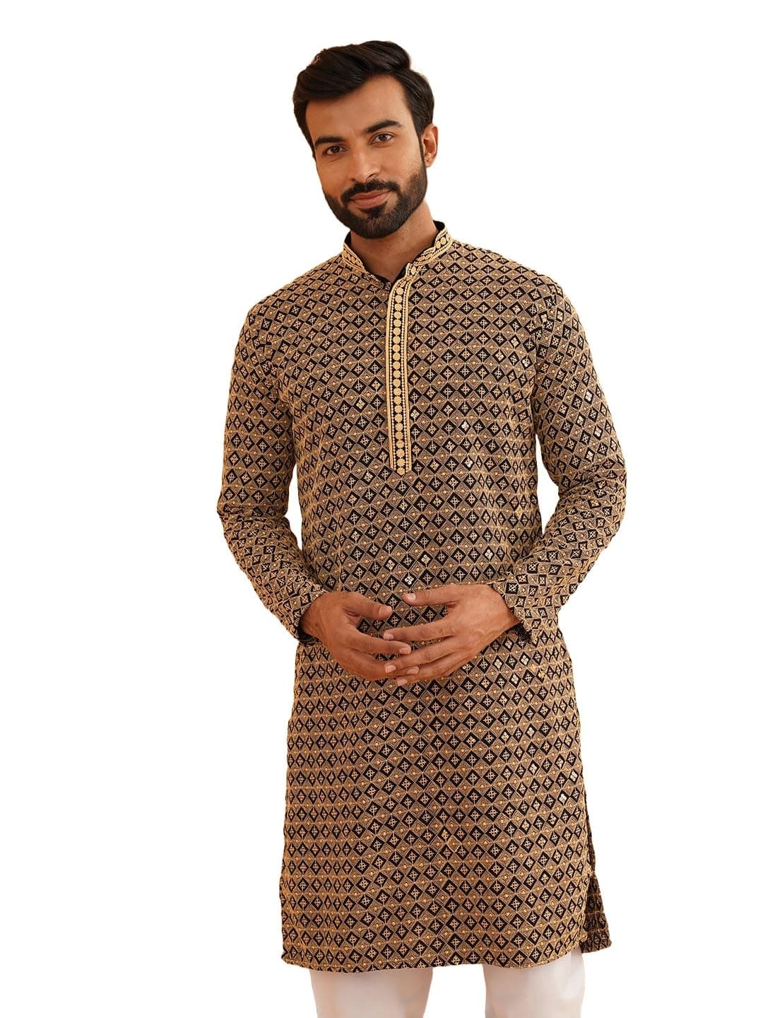 SOJANYA (Since 1958 Men's Cotton Contrast Embroidered Sequinned Gold Long Kurta Size 36