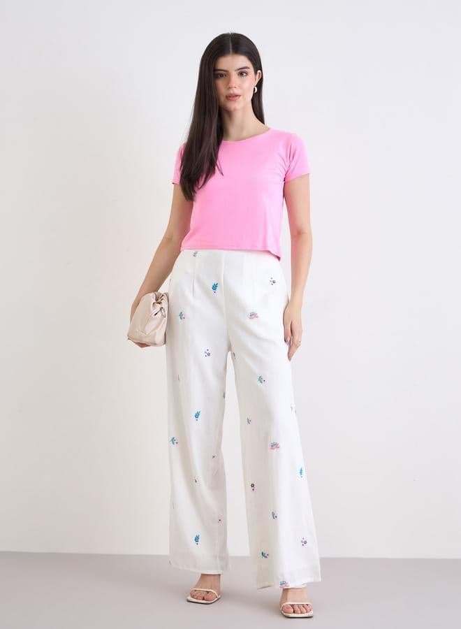 Off White Embroidered Wide Leg Trousers