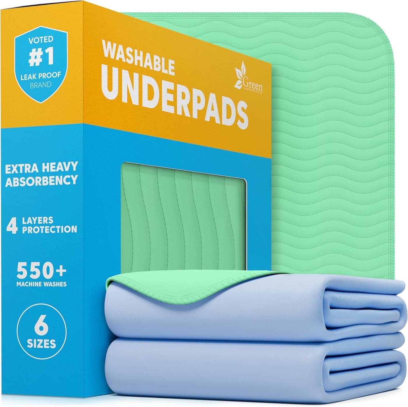 GREEN LIFESTYLE Washable Underpads Heavy Absorbency Reusable Bedwetting Incontinence Pads for Kids Adults Elderly and Pets Toddler Mattress Pads for Bed Sofa Floor Pack of 2 34x52