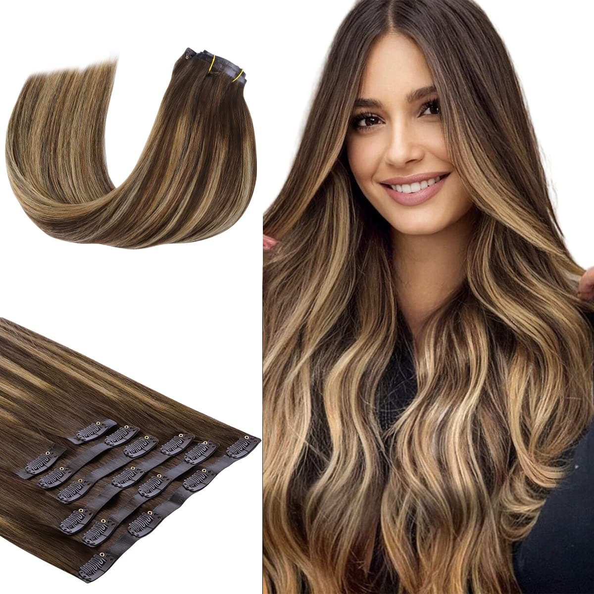 HOTBANANA Seamless Clip in Hair Extensions 22 inch 150g 7pcs Chocolate Brown mixed Caramel Blonde Clip in Remy Human Hair Extensions Straight Hair Invisible PU Skin Weft