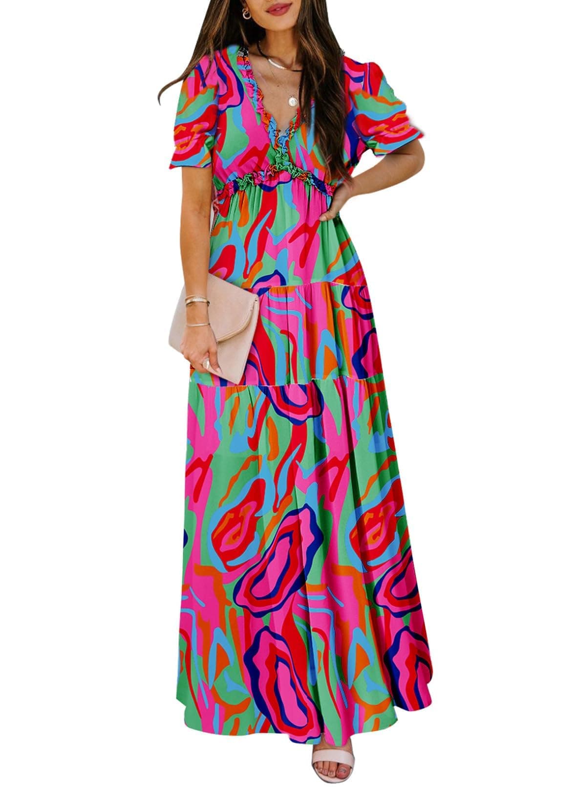 BLENCOT Women's Casual Boho Floral Printed Deep V Neck Summer Short Sleeve Long Evening Dress Ruched Cocktail Party Maxi Wedding Dress Multicolor Medium
