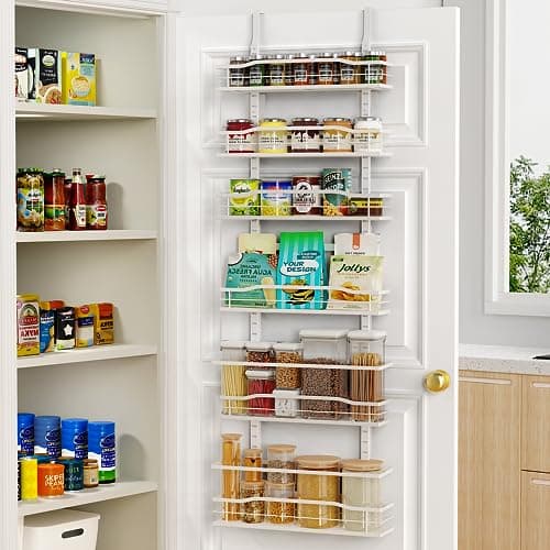 Moforoco White 6-Tier Over Door Pantry Organizer, Pantry Organization Storage, Door Metal Hanging Spice Rack Basket Shelves, Home Kitchen Apartment Essentials, Laundry Room Bathroom Organization