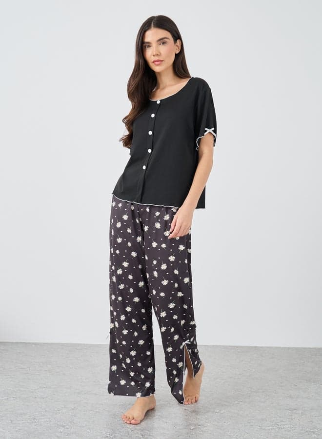 Button Front Short Sleeve Top and Pyjama Set
