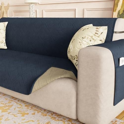 Lukzer 4 Seater Reversible Quilted Sofa Mat - Dot Frame Pattern | Blue | 250 GSM Polyester Sofa Runner with Arms & Deep Storage Pocket | Machine Washable Sofa Cover with Elastic Belt (SC-211-04)