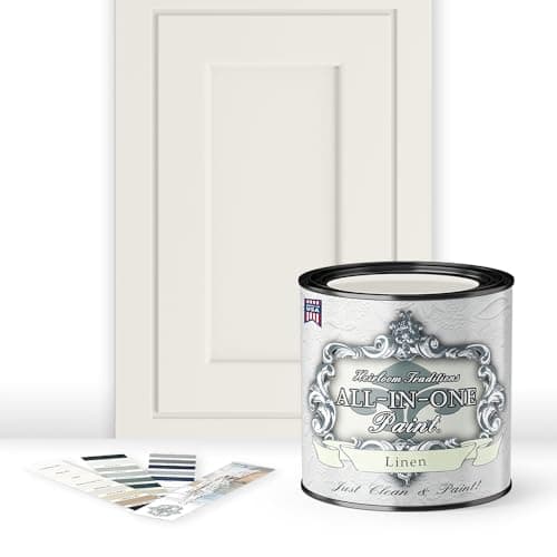 ALL-IN-ONE Paint, Durable cabinet and furniture paint. Built in primer and top coat, no sanding needed. Includes our 30 featured color card - Linen (off-white), Quart