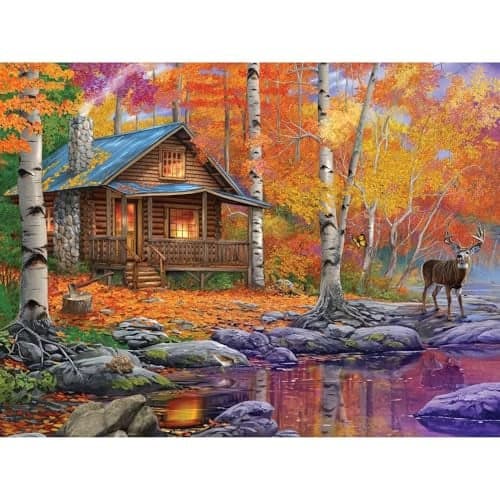 Bits and Pieces Jigsaw Puzzle for Adults Off The Grid by Bigelow Illustrations Rustic Autumn Cabin in The Woods with Deer Colorful Fall Foliage and Unique Random Cut Pieces 500 Piece Puzzle