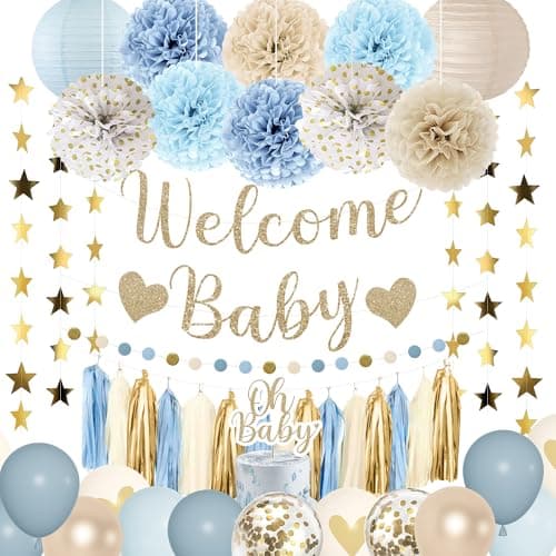 Amandir Dusty Blue Boy Baby Shower Decorations Welcome Baby Banner Cake Topper Paper Lantern Light Blue Balloons Pom Poms Flowers Tassels Circle Dots Star Garland Birthday Party Supplies