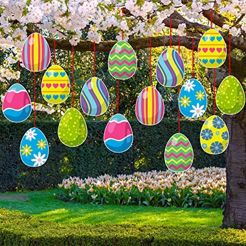 16 Pieces Easter Egg Outdoor Hanging Ornaments Easter Outdoor Decorations Happy Easter Hanging Porch Tree Yard Lawn Decor DoubleSide Printed