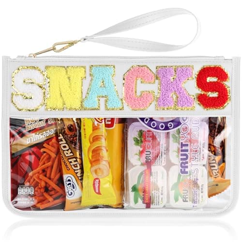 Snack Bag for Travel - Clear Chenille Varsity Letter Flat Pouch with Zipper, Waterproof Clear PVC&PU Preppy Patch Makeup Cosmetic tote Bags for Women Girls (White-Snacks)
