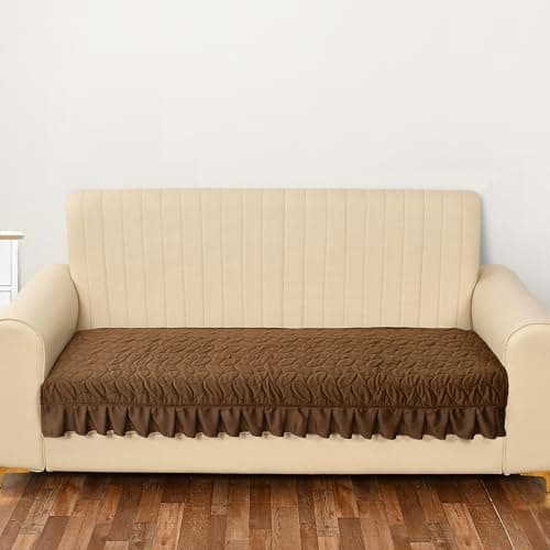 Yellow Weaves Quilted Velvet 2 Seater Sofa Cover Protector with Frill, Anti-Slip Sofa Cover Seat Mat (47 x 26 Inch), Dark Brown
