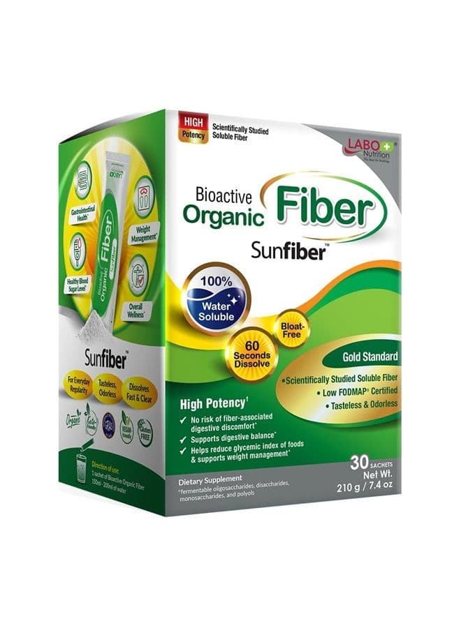Bioactive Organic Fiber, Sunfiber Soluble Prebiotic Fiber Supplement, Support Healthy Digestive, Intestinal, Wellness with Partially Hydrolyzed Guar Gum, Low-FODMAP, Non-GMO, 30 Sachets