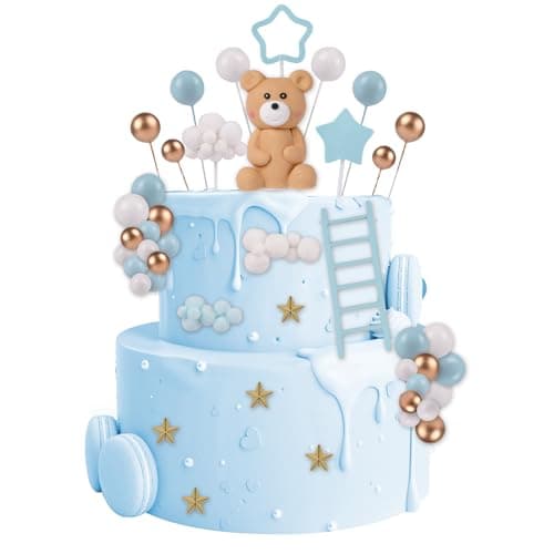 46 PCS 3D Bear Balls Cake Toppers Brown Teddy Bear for Birthday Party Wedding Baby Shower SuppliesBlue