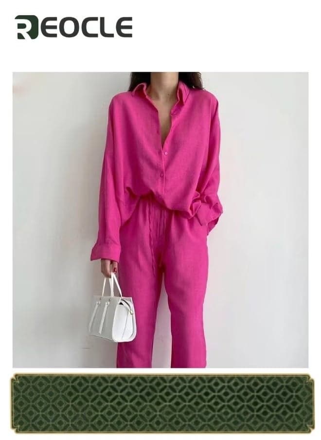 Women's 2 Piece Outfit Linen Long Sleeve Button Down Shirt & Pleated Wide Leg Pants Loungewear Sets Streetwear