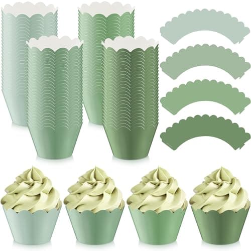 Domensi 100 Pcs Sage Green Cupcake Wrappers Rustic Cupcake Liners Baking Cups Baking Liners for Spring Summer Wedding Bridal Baby Shower Birthday Party Supplies Dessert Decoration