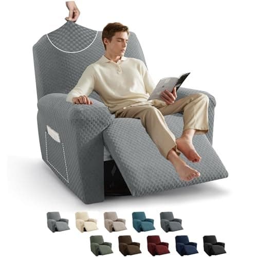 MAXIJIN Recliner Cover Slipcovers for Living Room 4 Pieces Stretch Jacquard Recliner Chair Cover Soft Fitted Recliner Protector with Elastic Bottom for Kids, Pets (Recliner, Light Gray)