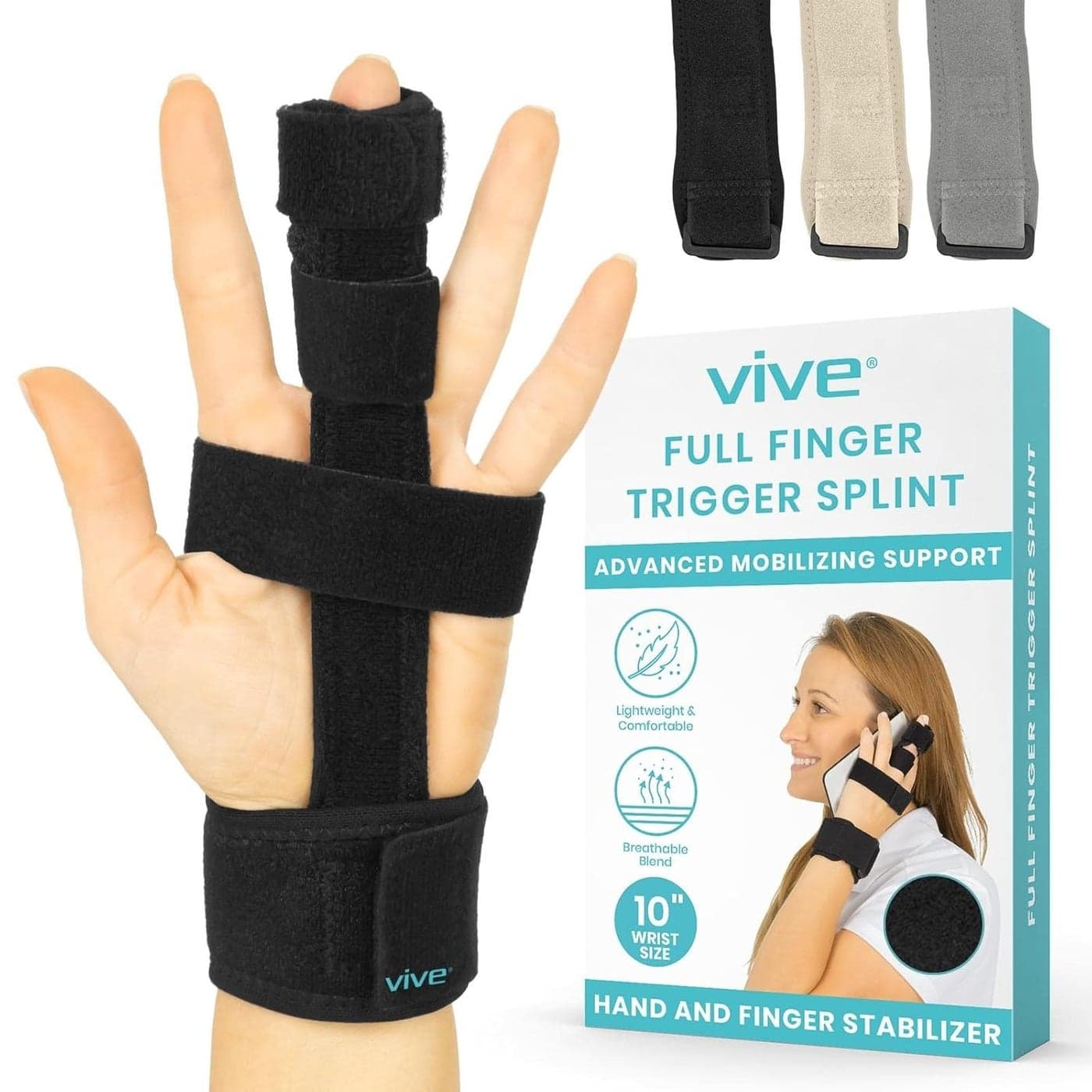 Vive Full Trigger Finger Splint Hand and Wrist Brace Support Adjustable Locking Straightener Straightening Immobilizer Treatment For Sprains Pain Relief Arthritis Tendonitis Black