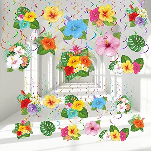 Outus 30 Pieces Hawaiian Luau Birthday Party Hanging Swirl Decorations Flower Tropical Palm Flamingo Sign Foil Ceiling Decor for Floral Tropical Party Summer Beach Pool Tiki SuppliesFlower