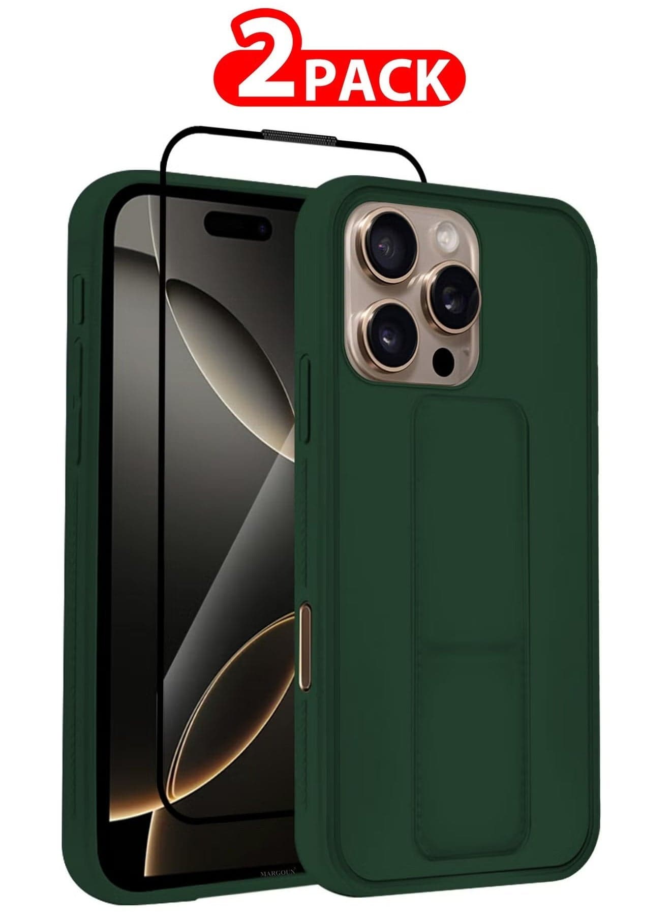 2-Pack Premium PU Leather Case & Screen Protector for iPhone 16 Pro Max – Shockproof, Anti-Scratch, Stand Function, Finger Grip Case Cover (Green)