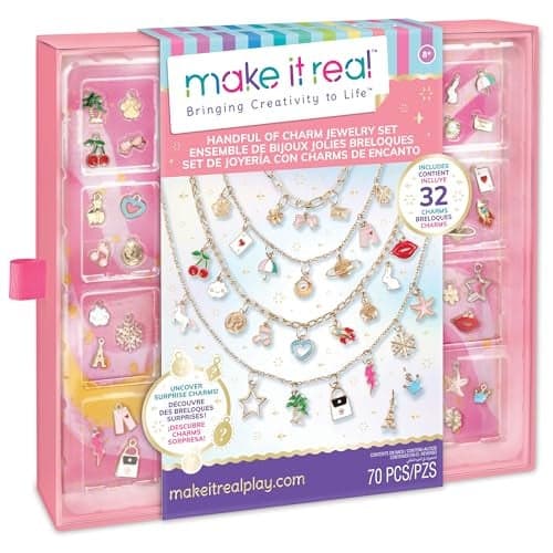 Make It Real Handful of Charm 70 pc DIY Jewelry Set 4 Chain Lengths Design Create Charm Necklace Bracelet Craft Kit Girls Kids Age 8