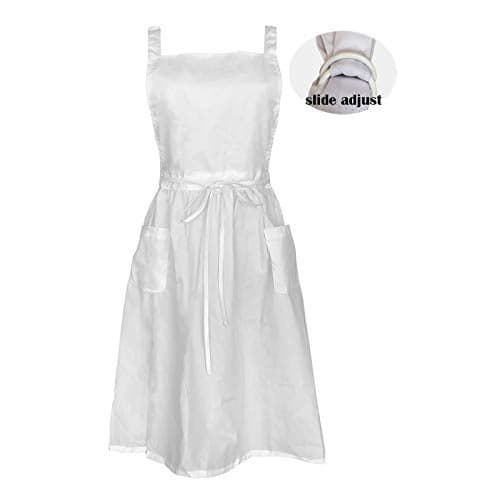 Cityelf Vintage Adjustable Ruffle White Apron Maid Costume Victorian Style 50’s Dress Apron with Long Ties and Pockets