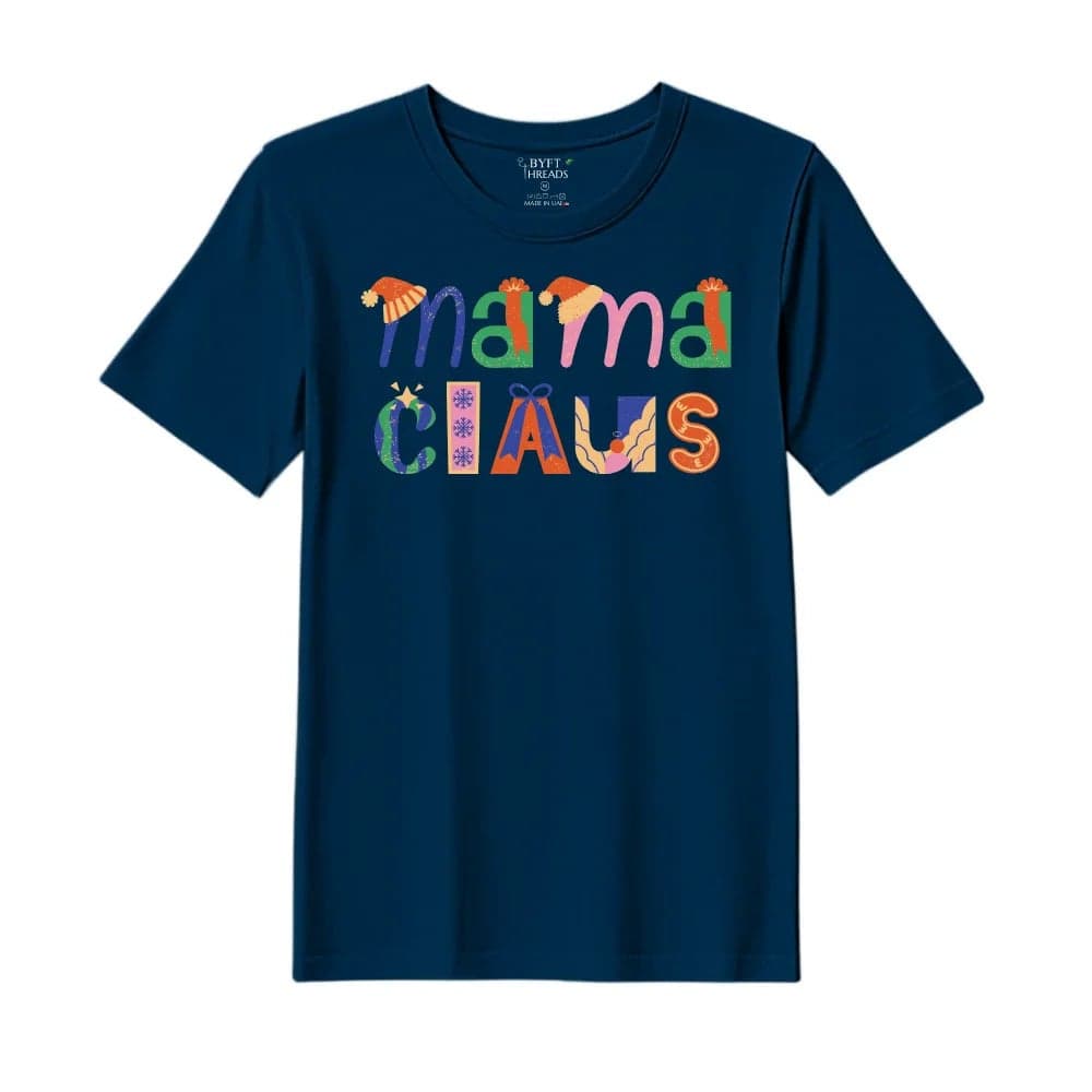 BYFT Threads XL Navy Blue Polycotton T-Shirt - Christmas "Mama Claus" Printed Design, Premium Holiday Collection