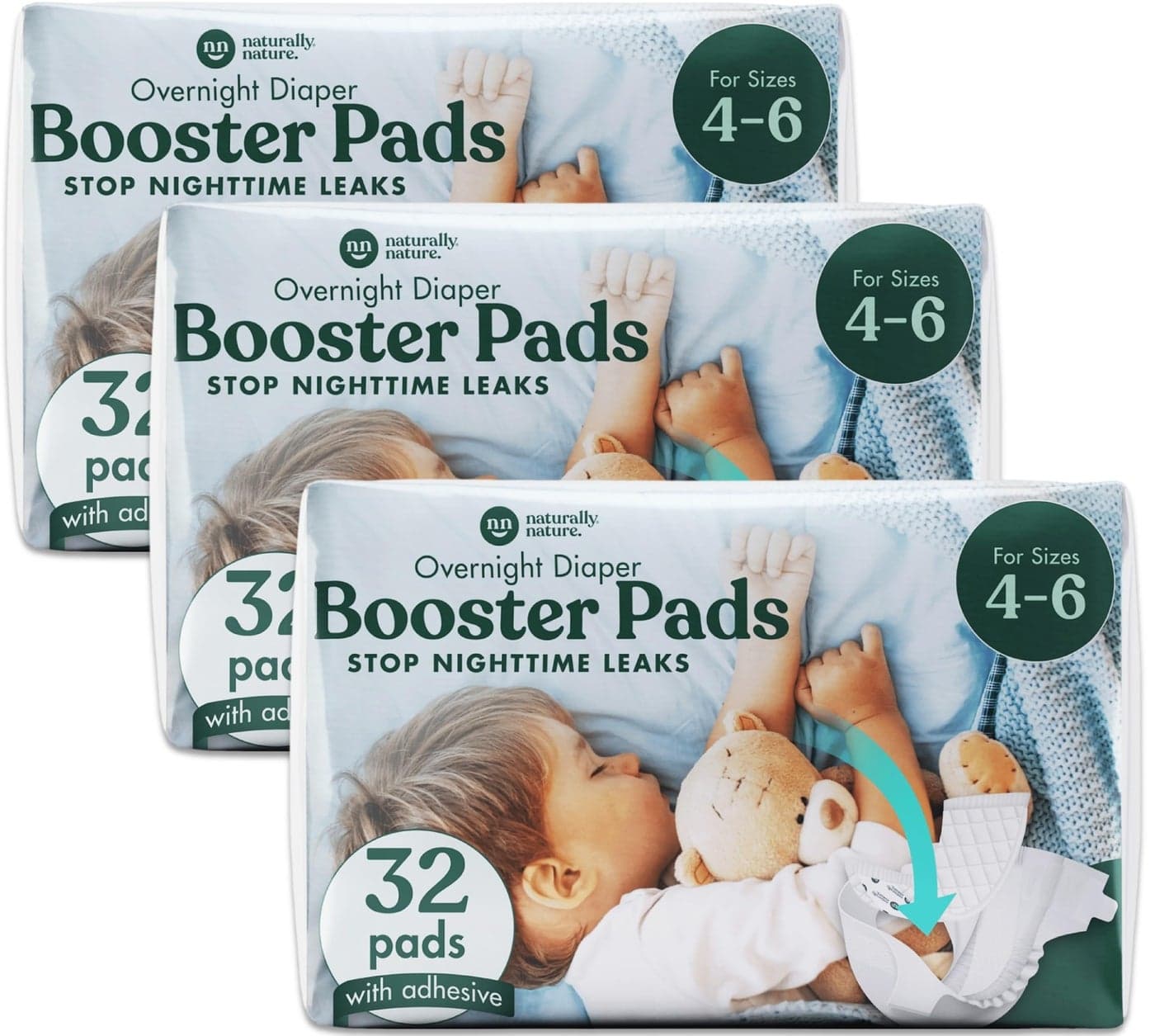 Naturally Nature Overnight Diaper Booster Pads Stops Overnight from Leaking Diaper Liners for Toddler Nighttime Diapers Size 5 Adhesive Pad for Girls Boys 3 Packs of 32 ct