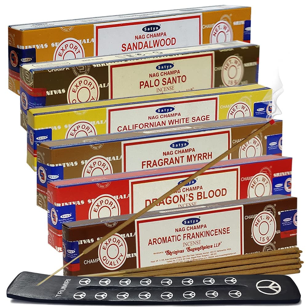 Satya Incense Sticks Variety Pack 10 and Holder Bundle with 6 Classic Fragrances Sandalwood Dragons Blood Palo Santo White Sage
