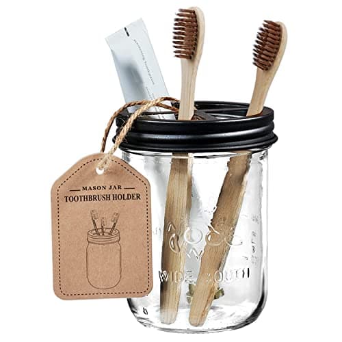 Amolliar Mason Jar Toothbrush Holder - Rustproof Stainless Steel - Holds 2 Toothbrushes and Toothpaste,with Chalkboard Labels - Farmhouse Décor Bathroom Countertop and Vanity Storage Organizer,Black