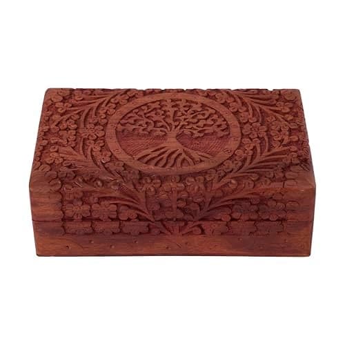 GURU JEE Wooden Indian Handmade Carving Tree of Life Trinket Box - Wood Jewelry Organizer & Keepsake Box for Women - 8x5x2.5 Inch
