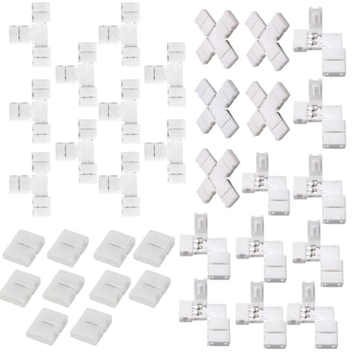 SNOOGG 35 Pack 2 Pin Quick LED connectors I-10pc, L-10pc, T-10pc, +5pc for LED Strip Light Wire Connecting, Extension Unwired Gapless led Strip Adapter Extension