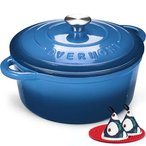 Overmont Enameled Cast Iron Dutch Oven - 7QT Pot with Lid Cookbook & Cotton Potholders - Heavy-Duty Cookware for Braising, Stews, Roasting, Bread Baking blue