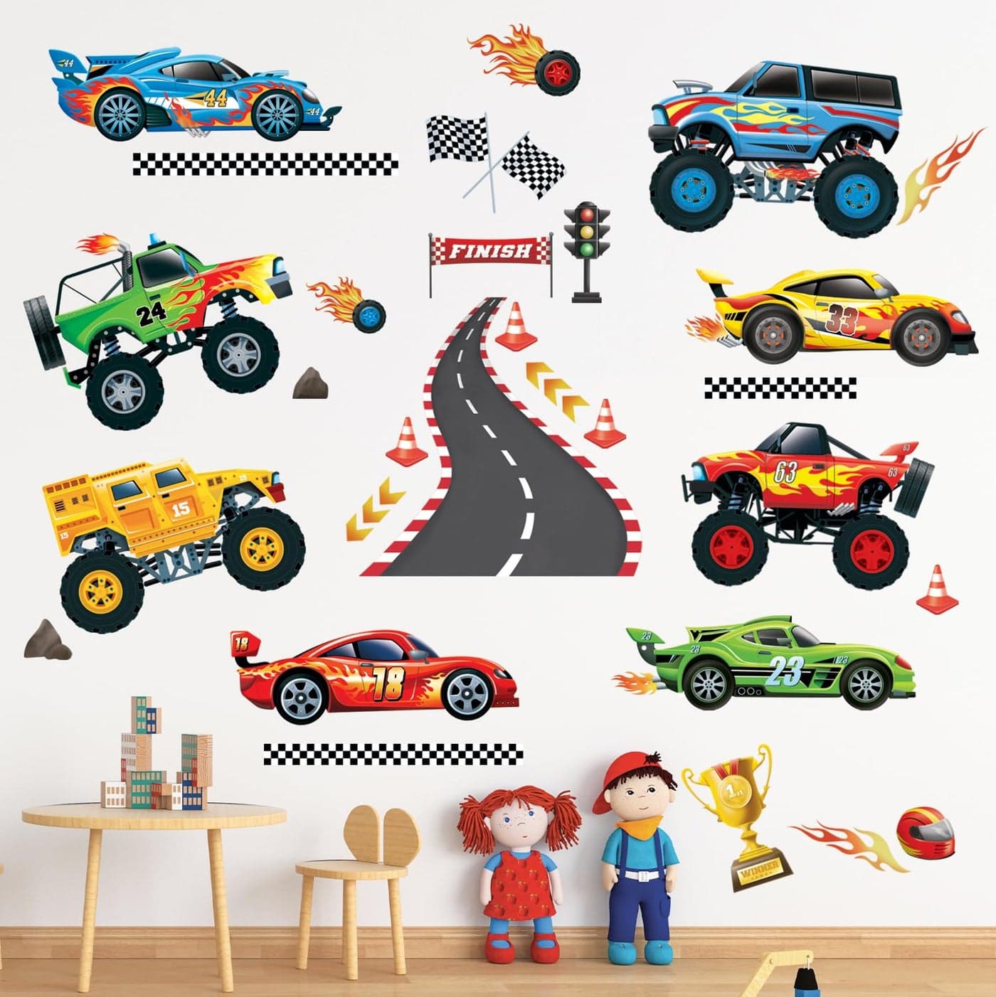 DECOWALL DS98083 Racing Car Wall Decal Stickers Boys Room Art Decor Sports Roads Vehicles Kids Bedroom Toddler Playroom Gift Nursery Living Room Peel and Stick Truck