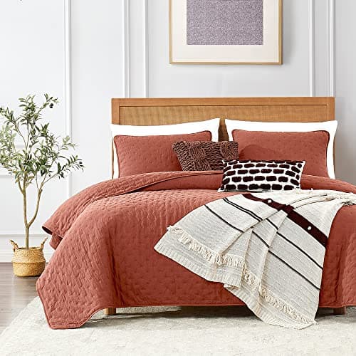 ROARINGWILD Burnt Orange Quilt Sets Queen Size with Pillow Shams, Queen Quilt Bedding Set, Lightweight Soft Bedspread Coverlet, Quilted Comforter for All Season